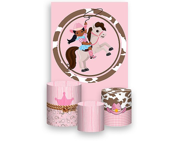 Painel De Festa Vertical 1,50 x 2,20 + Trio De Capas Cilindro - Boiadeira Fundo Rosa e Marrom 038