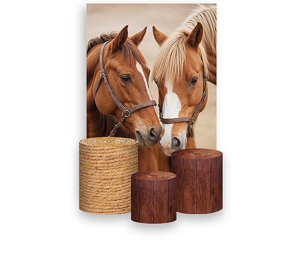Painel De Festa Vertical 1,50 x 2,20 + Trio De Capas Cilindro - Country Cavalos Realista 040