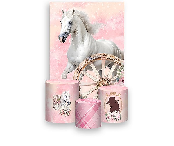 Painel De Festa Vertical 1,50 x 2,20 + Trio De Capas Cilindro - Cavalo Branco 045