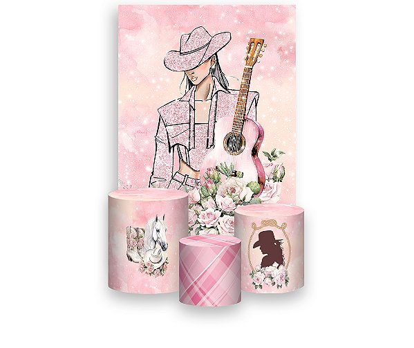 Painel De Festa Vertical 1,50 x 2,20 + Trio De Capas Cilindro - Boiadeira Rosa Roupas Efeito Brilho 046