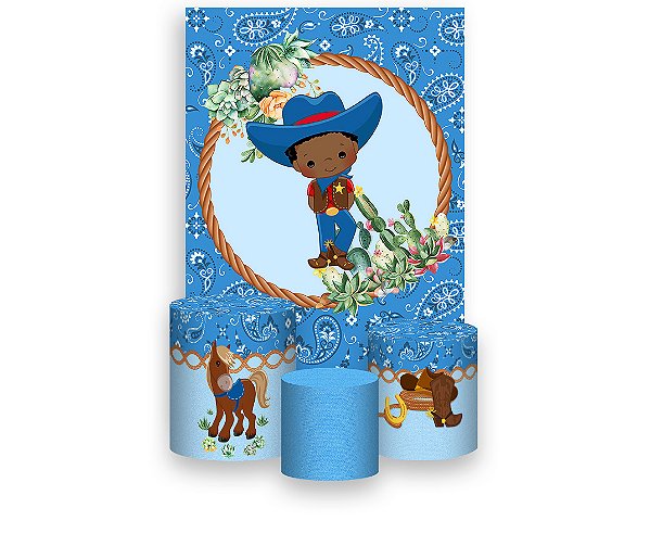 Painel De Festa Vertical 1,50 x 2,20 + Trio De Capas Cilindro - Boiadeiro Cute Azul 049