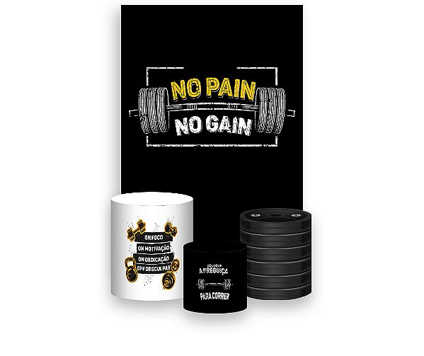 Painel De Festa Vertical 1,50 x 2,20 + Trio De Capas Cilindro - Academia No Pain No Gain 007