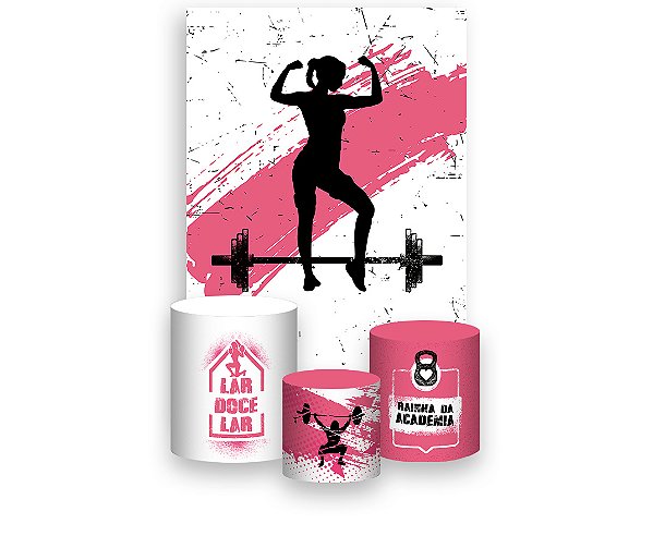 Painel De Festa Vertical 1,50 x 2,20 + Trio De Capas Cilindro - Silhueta Academia Rosa 012