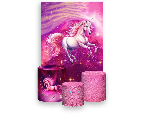 Painel De Festa Vertical 1,50 x 2,20 + Trio De Capas Cilindro - Unicórnio Efeito Glitter Rosa 008