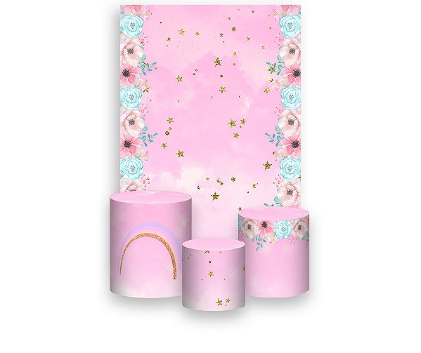Painel De Festa Vertical 1,50 x 2,20 + Trio De Capas Cilindro - Flores E Estrelas Unicórnio 010