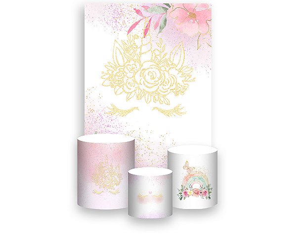 Painel De Festa Vertical 1,50 x 2,20 + Trio De Capas Cilindro - Unicórnio Dourado com Flores 011