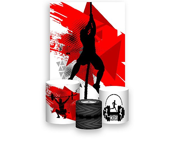 Painel De Festa Vertical 1,50 x 2,20 + Trio De Capas Cilindro - Silhueta Crossfit Vermelho 029