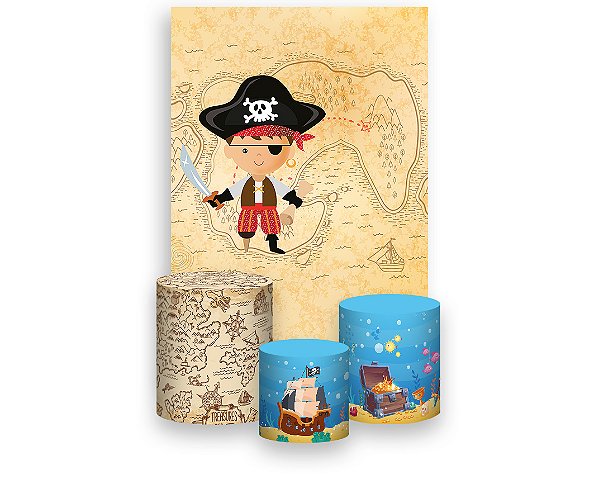 Painel De Festa Vertical 1,50 x 2,20 + Trio De Capas Cilindro - Mapa do Pirata 032