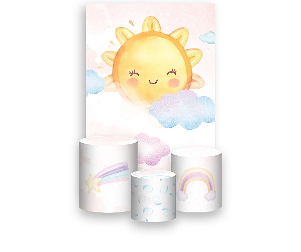 Painel De Festa Vertical 1,50 x 2,20 + Trio De Capas Cilindro - Primeira Volta ao Sol Cute 037