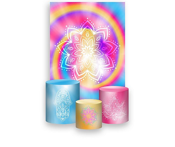 Painel De Festa Vertical 1,50 x 2,20 + Trio De Capas Cilindro - Tie Dye Mandala Hippie 004