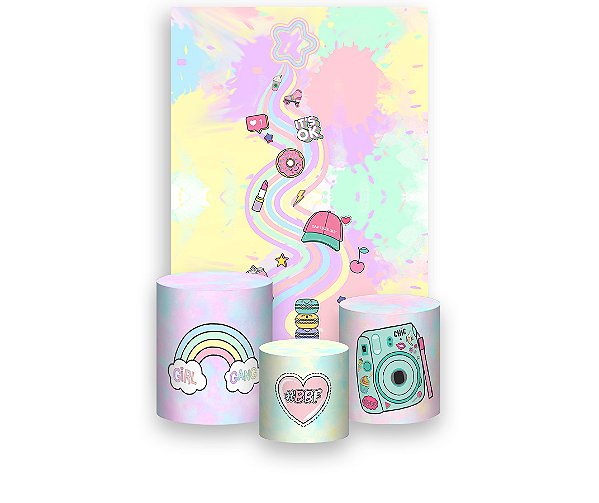 Painel De Festa Vertical 1,50 x 2,20 + Trio De Capas Cilindro - VSCO Girl Colorido 009