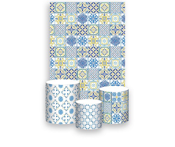 Painel De Festa Vertical 1,50 x 2,20 + Trio De Capas Cilindro - Azulejo Mediterrâneo Azul e Amarelo 052