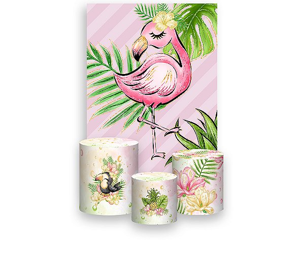 Painel De Festa Vertical 1,50 x 2,20 + Trio De Capas Cilindro - Flamingo Tropical 001