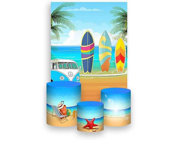 Painel De Festa Vertical 1,50 x 2,20 + Trio De Capas Cilindro - Praia Beach Surf 003