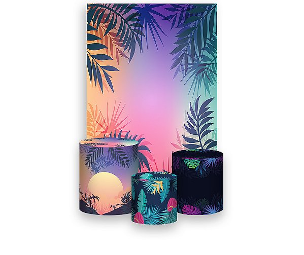 Painel De Festa Vertical 1,50 x 2,20 + Trio De Capas Cilindro - Folhas Tropical 004