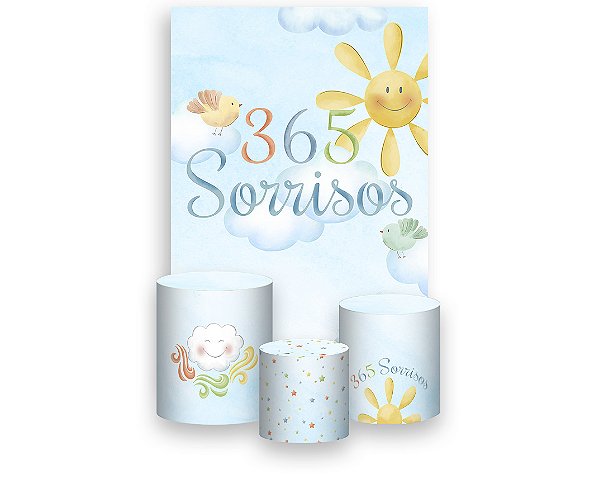 Painel De Festa Vertical 1,50 x 2,20 + Trio De Capas Cilindro - 365 Sorrisos Aquarela 056