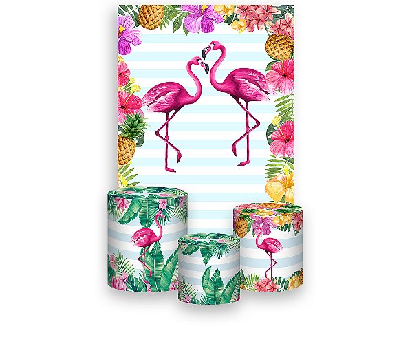 Painel De Festa Vertical 1,50 x 2,20 + Trio De Capas Cilindro - Flamingos Tropical 006