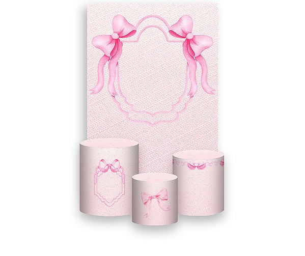 Painel De Festa Vertical 1,50 x 2,20 + Trio De Capas Cilindro - Laço Rosa Efeito Textura Linho 065
