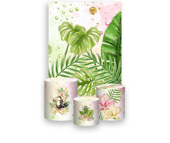 Painel De Festa Vertical 1,50 x 2,20 + Trio De Capas Cilindro - Folhas Tropical Rosa 014
