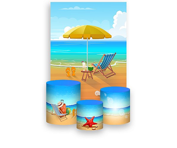 Painel De Festa Vertical 1,50 x 2,20 + Trio De Capas Cilindro - Praia Beach Verão 015