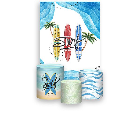 Painel De Festa Vertical 1,50 x 2,20 + Trio De Capas Cilindro - Praia Pranchas de Surf 017