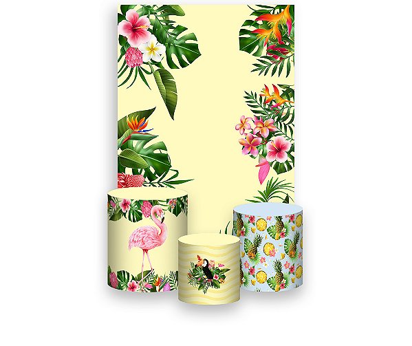 Painel De Festa Vertical 1,50 x 2,20 + Trio De Capas Cilindro  Tropical Folhagens 020