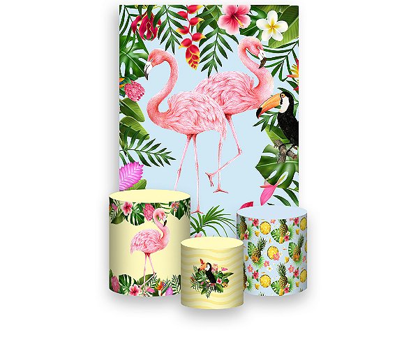 Painel De Festa Vertical 1,50 x 2,20 + Trio De Capas Cilindro - Tropical Flamingos Folhagens 021