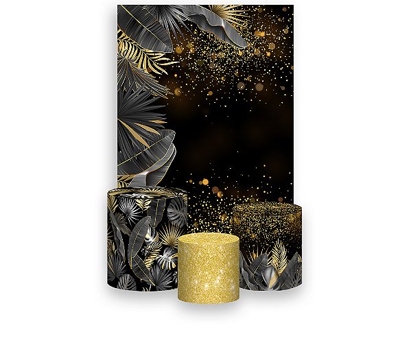 Painel De Festa Vertical 1,50 x 2,20 + Trio De Capas Cilindro - Tropical Chique Preto com Dourado 022