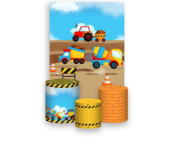 Painel De Festa Vertical 1,50 x 2,20 + Trio De Capas Cilindro - Área de  Construção Carrinhos 006