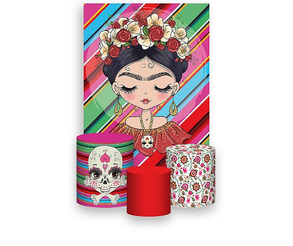 Painel De Festa Vertical 1,50 x 2,20 + Trio De Capas Cilindro - Frida Kahlo Cute 002