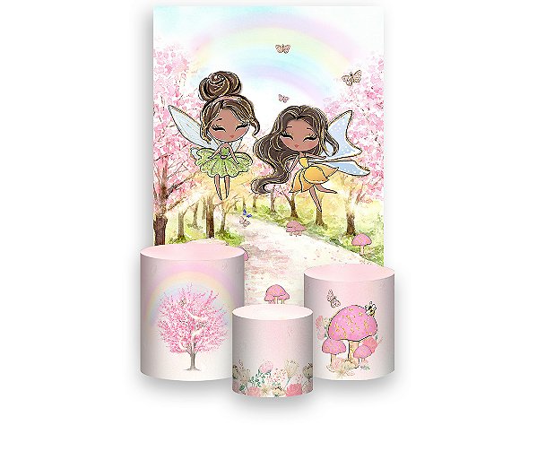 Painel De Festa Vertical 1,50 x 2,20 + Trio De Capas Cilindro - Fadinhas Aquarela 001