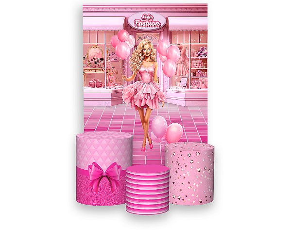 Painel De Festa Vertical 1,50 x 2,20 + Trio De Capas Cilindro - Loja de Boneca Rosa Fashion 006