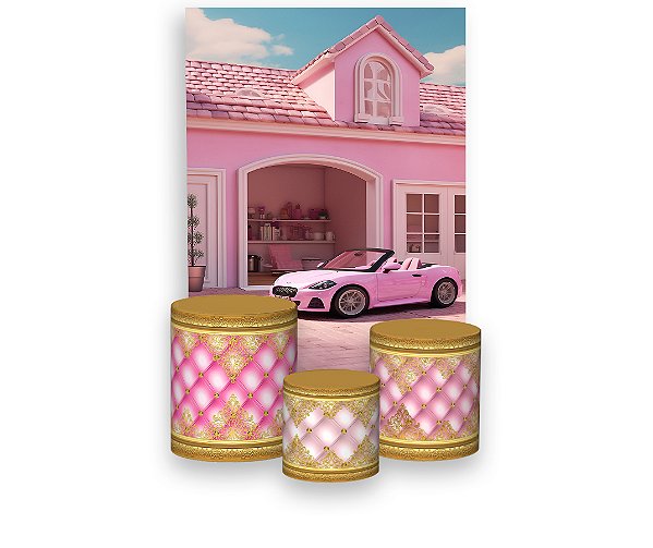 Painel De Festa Vertical 1,50 x 2,20 + Trio De Capas Cilindro - Boneca Rosa Casa com Carro Rosa 008