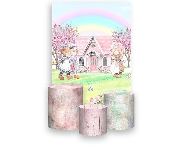 Painel De Festa Vertical 1,50 x 2,20 + Trio De Capas Cilindro - Jardim de Boneca Aquarela 011