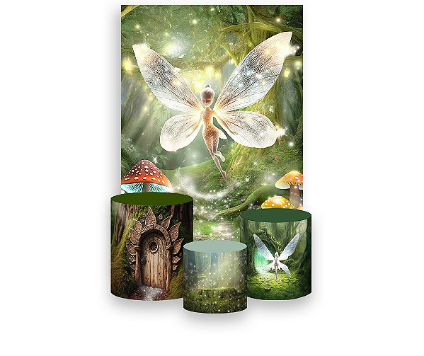 Painel De Festa Vertical 1,50 x 2,20 + Trio De Capas Cilindro - Fadas Jardim Efeito Brilhos 020