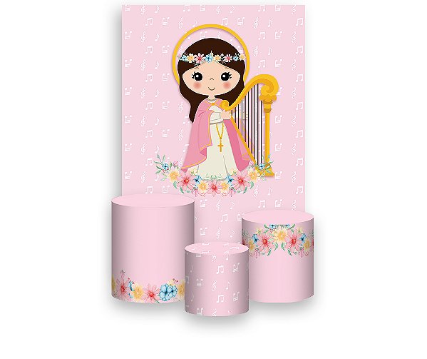 Painel De Festa Vertical 1,50 x 2,20 + Trio De Capas Cilindro - Santa Cecília Música Rosa 002