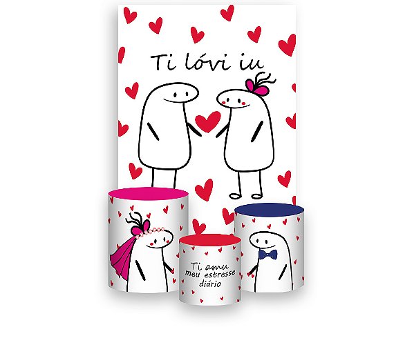 Painel De Festa Vertical 1,50 x 2,20 + Trio De Capas Cilindro - Flork Namorados Ti Lóvi iu 004