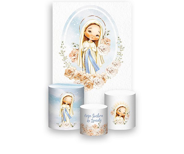 Painel De Festa Vertical 1,50 x 2,20 + Trio De Capas Cilindro - Nossa Senhora de Lourdes Branco Floral 026
