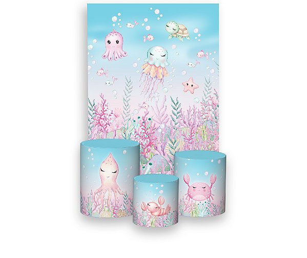 Painel De Festa Vertical 1,50 x 2,20 + Trio De Capas Cilindro - Fundo do Mar Rosa Cute 003