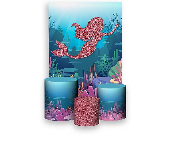Painel De Festa Vertical 1,50 x 2,20 + Trio De Capas Cilindro - Sereia fundo do Mar Rosa 004