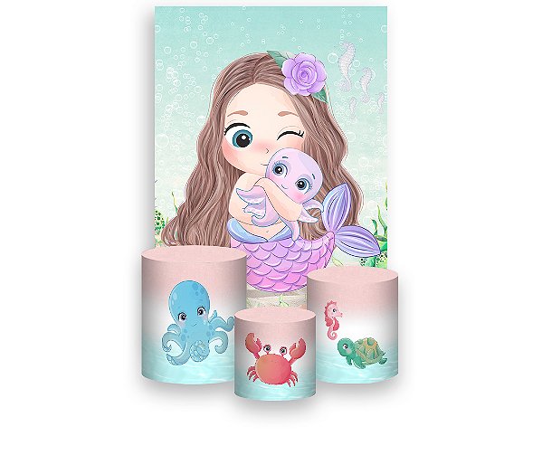 Painel De Festa Vertical 1,50 x 2,20 + Trio De Capas Cilindro - Sereia Baby Cute 005