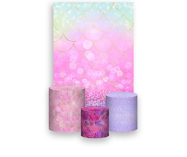 Painel De Festa Vertical 1,50 x 2,20 + Trio De Capas Cilindro - Efeito Glitter Sereia Escamas 011