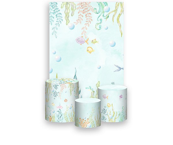 Painel De Festa Vertical 1,50 x 2,20 + Trio De Capas Cilindro - Fundo do Mar Clean 006