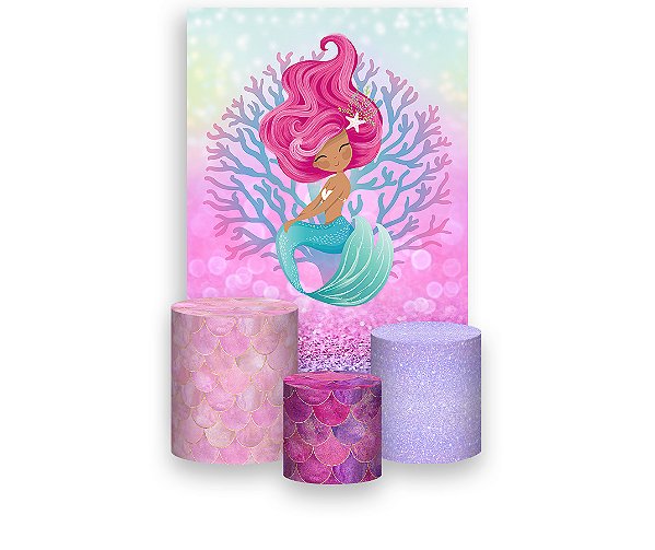Painel De Festa Vertical 1,50 x 2,20 + Trio De Capas Cilindro - Corais Sereia  Rosa 013