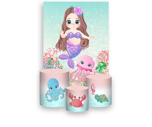 Painel De Festa Vertical 1,50 x 2,20 + Trio De Capas Cilindro - Fundo do Mar Sereia Baby Cute 014