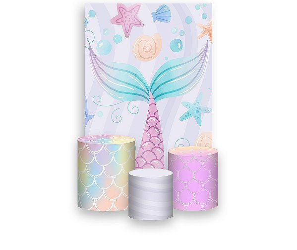 Painel De Festa Vertical 1,50 x 2,20 + Trio De Capas Cilindro - Cauda Sereia Candy 016