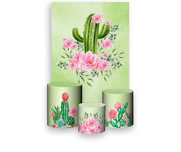Painel De Festa Vertical 1,50 x 2,20 + Trio De Capas Cilindro - Cactos e Flores 005