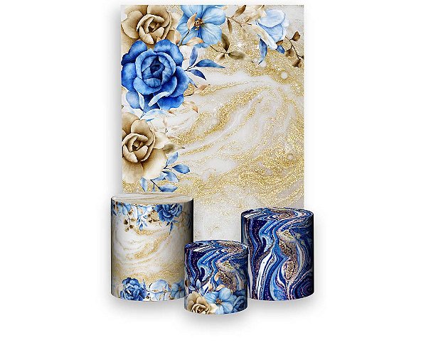 Painel De Festa Vertical 1,50 x 2,20 + Trio De Capas Cilindro - Floral Azul e Dourado 007