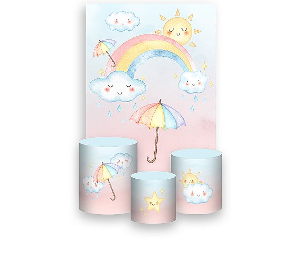 Painel De Festa Vertical 1,50 x 2,20 + Trio De Capas Cilindro - Chuva de Amor Cute 013