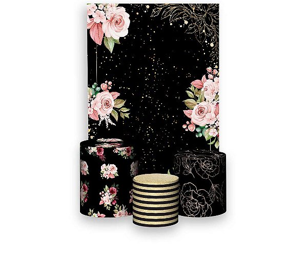 Painel De Festa Vertical 1,50 x 2,20 + Trio De Capas Cilindro - Preto com Flores Rosas 011